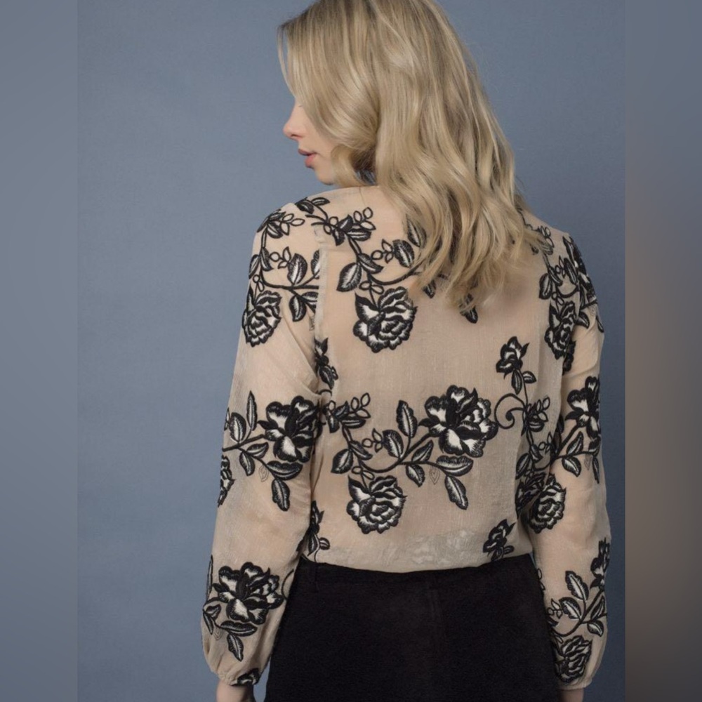GOLDIE Women's Black Floral Flower Embroidery Sheer Blouse Cream Office Feminine - Picture 2 of 16